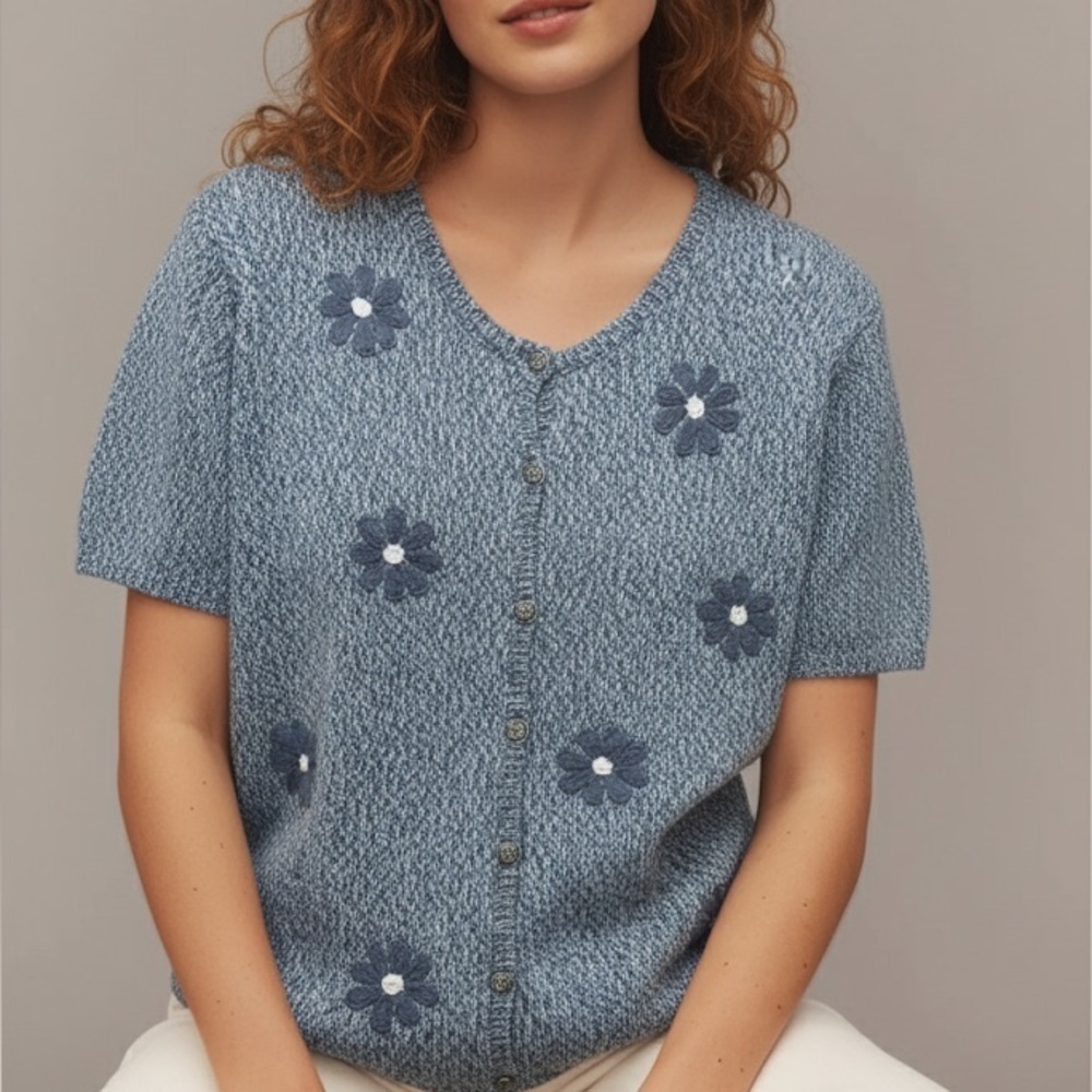 Vtg 90s Hand Embroidered Floral Short Sleeve Knit Sweater Top Size Large Blue - Picture 8 of 8